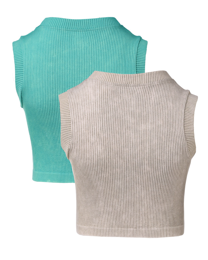 2-Pack Women's Washed Knit Tank Top Ribbed Sleeveless O-neck Cropped Tee Retro Casual Layering Top