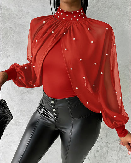 Pearls Decor High Neck Chiffon Draped Cape-style Cloak Sleeve Spliced Tee Ruched Hollow-out Back Slim Fit Top