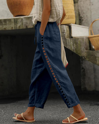 Hollow Out Lace Patch Pocket Design Casual Pants