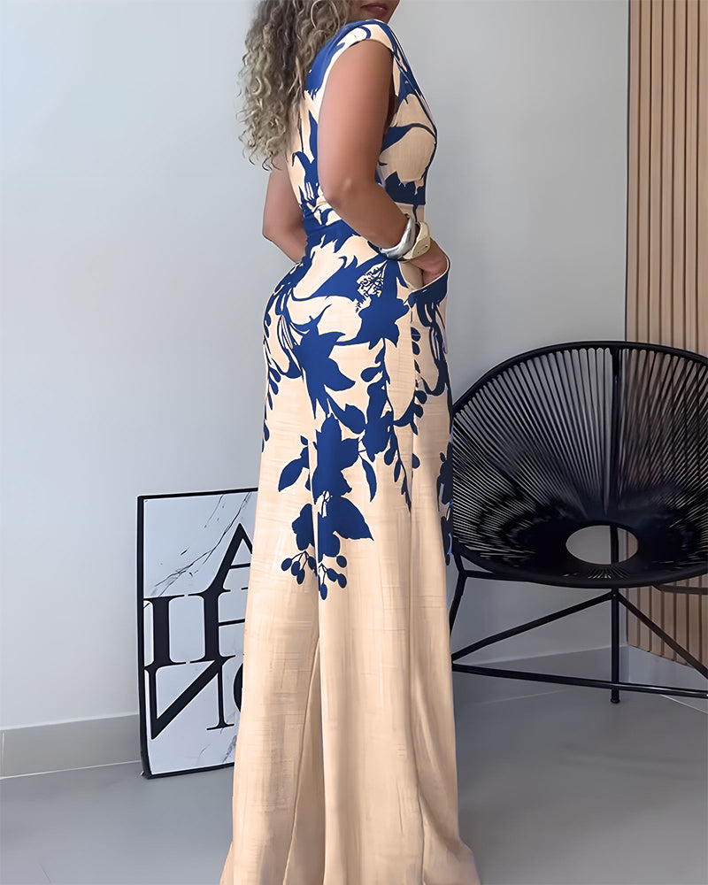 Floral Print Off Shoulder Sleeveless Deep V-Neck Jumpsuit Casual Zipper Side Wide Leg Jumpsuit