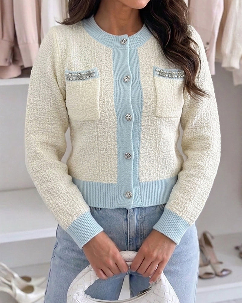 Women's Contrast Binding Knit Cardigan Pearl Beaded Textured Cropped Sweater Elegant Rhinestone Button Coat