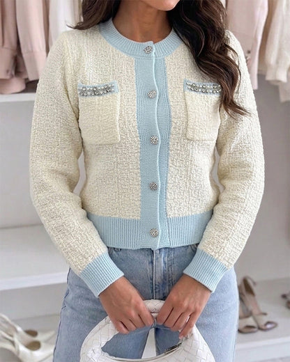 Women's Contrast Binding Knit Cardigan Pearl Beaded Textured Cropped Sweater Elegant Rhinestone Button Coat