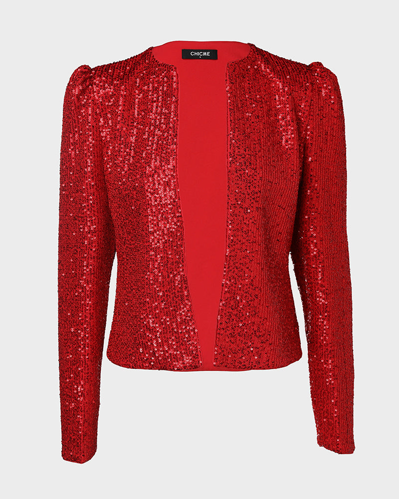 Sparkly Sequin Open Front Puff Sleeve Blazer Coat