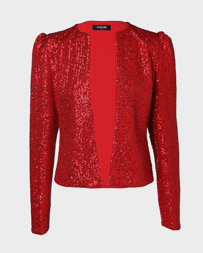 Sparkly Sequin Open Front Puff Sleeve Blazer Coat