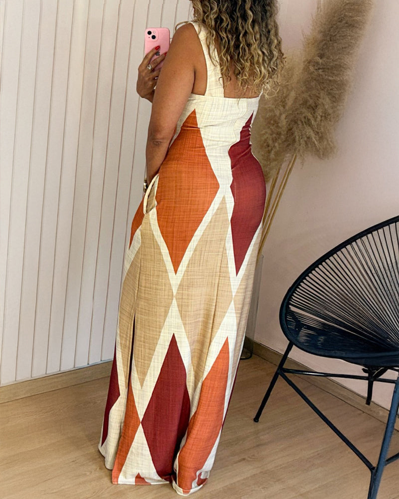 Geometric Print Square Neck Thick Strap Vacation Dress Casual Slim Fit Slit Maxi Dress