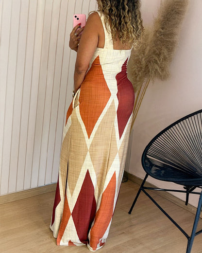 Geometric Print Square Neck Thick Strap Vacation Dress Casual Slim Fit Slit Maxi Dress