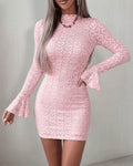 Women's Heart Jacquard Mini Dress Flared Cuffs Mock Neck Bodycon Dress Frill Hem Party Clubwear with Lining