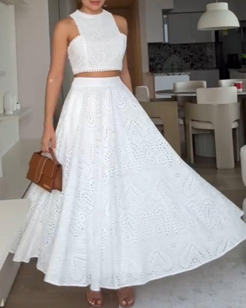 2 Pieces Outfit Lace Hollow Out Sleeveless Crop Top and Casual High Waist A Line Skirt Set