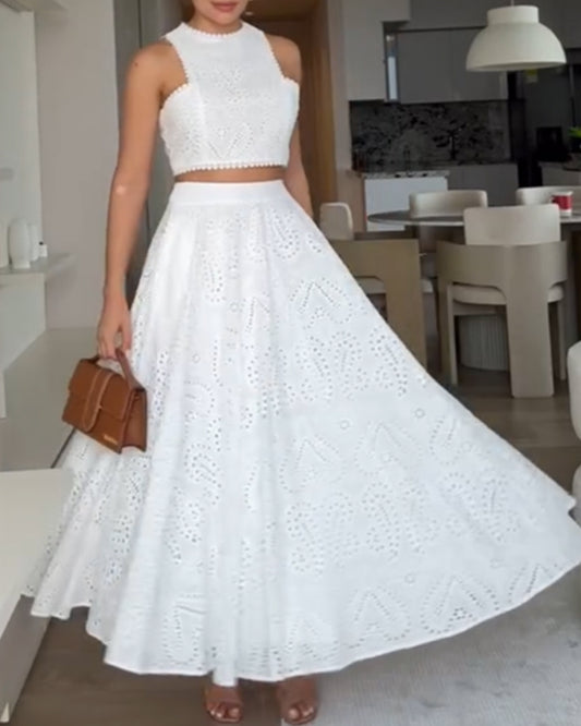 2 Pieces Outfit Lace Hollow Out Sleeveless Crop Top and Casual High Waist A Line Skirt Set