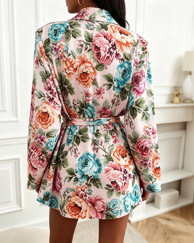 Women's Floral Print Blazer Casual Single Breasted Suit Coat Retro Oil Painting Floral Long Sleeve Coat with Belt