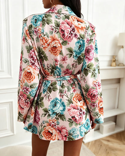 Women's Floral Print Blazer Casual Single Breasted Suit Coat Retro Oil Painting Floral Long Sleeve Coat with Belt