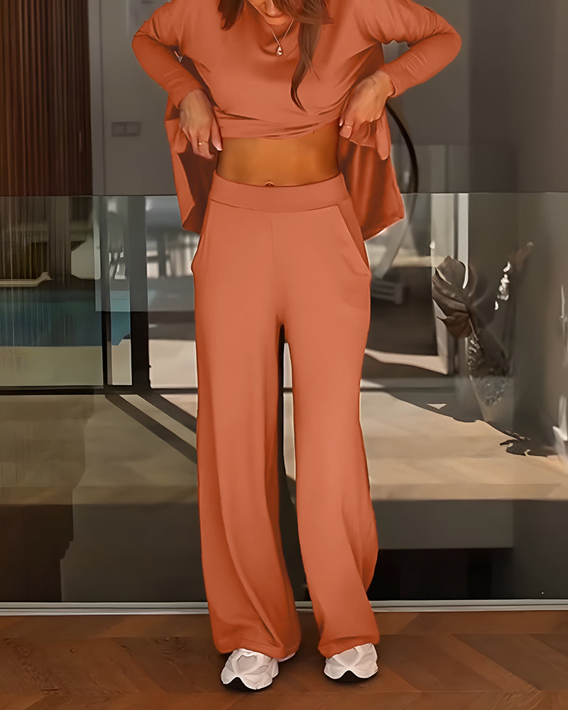 Women's 2 Piece Lounge Set Side Slit Long Sleeve Top and High Waist Wide Leg Pants Outfits with Pockets Casual Tracksuit