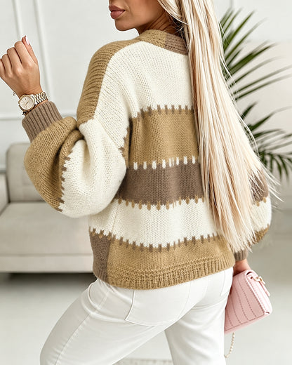 Women's Colorblock Knit Cardigan Chunky Knit Sweater Ribbed Trim Long Sleeve Casual Loose Knitwear