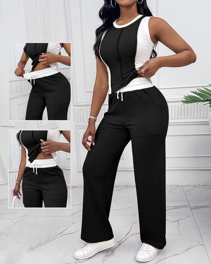 2 Pieces Outfit O-neck Slim Fit Tank Top and Drawstring Elastic Waist Straight Leg Pants Set Casual Colorblock Ribbed Set