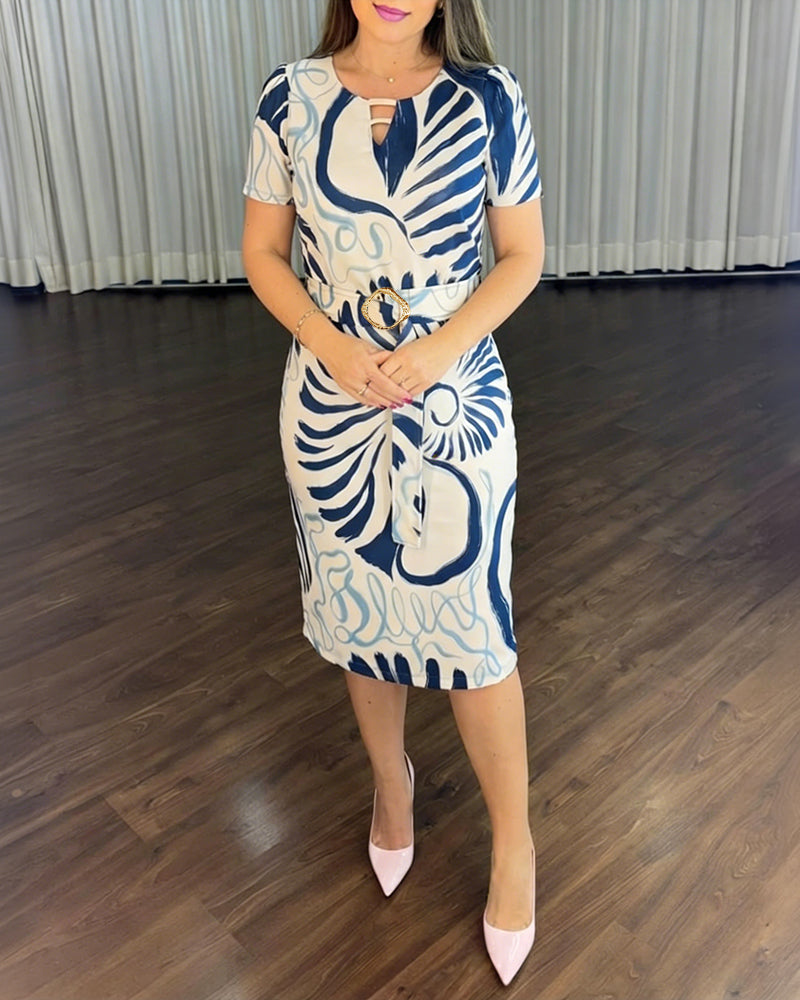 Abstract Print Short Sleeve Hollow-out Front Midi Dress with Belt