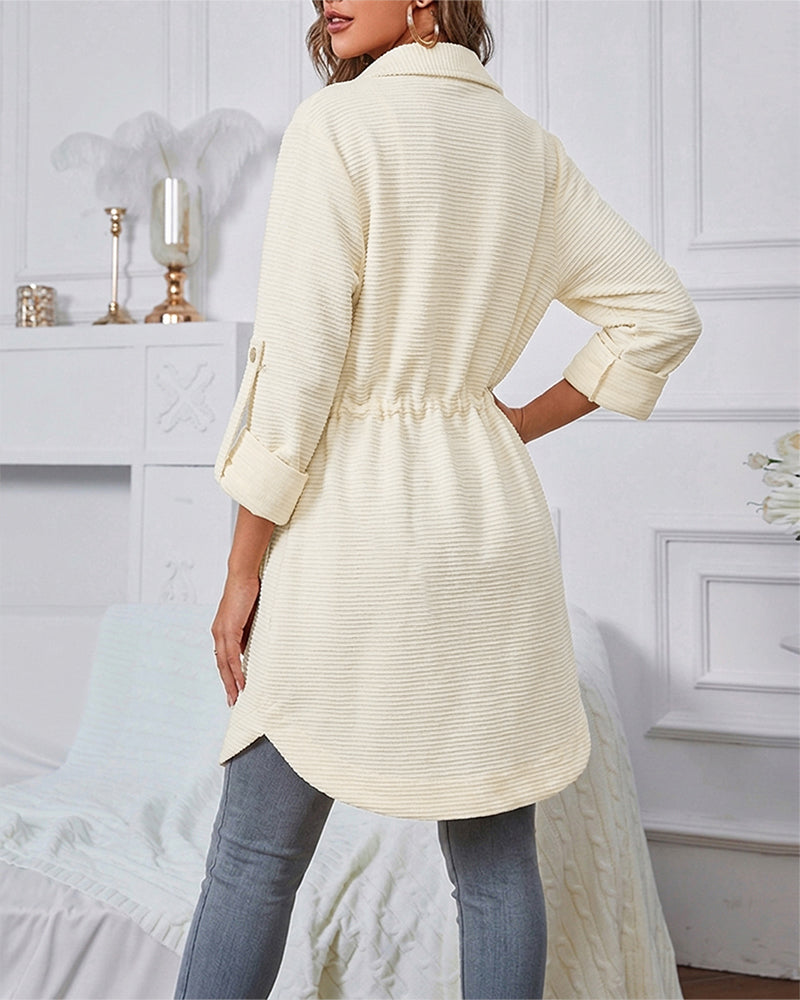 Women's Textured Drawstring Waist Lapel Coat Mid-length Roll Up Sleeve Button Front Trench Jacket