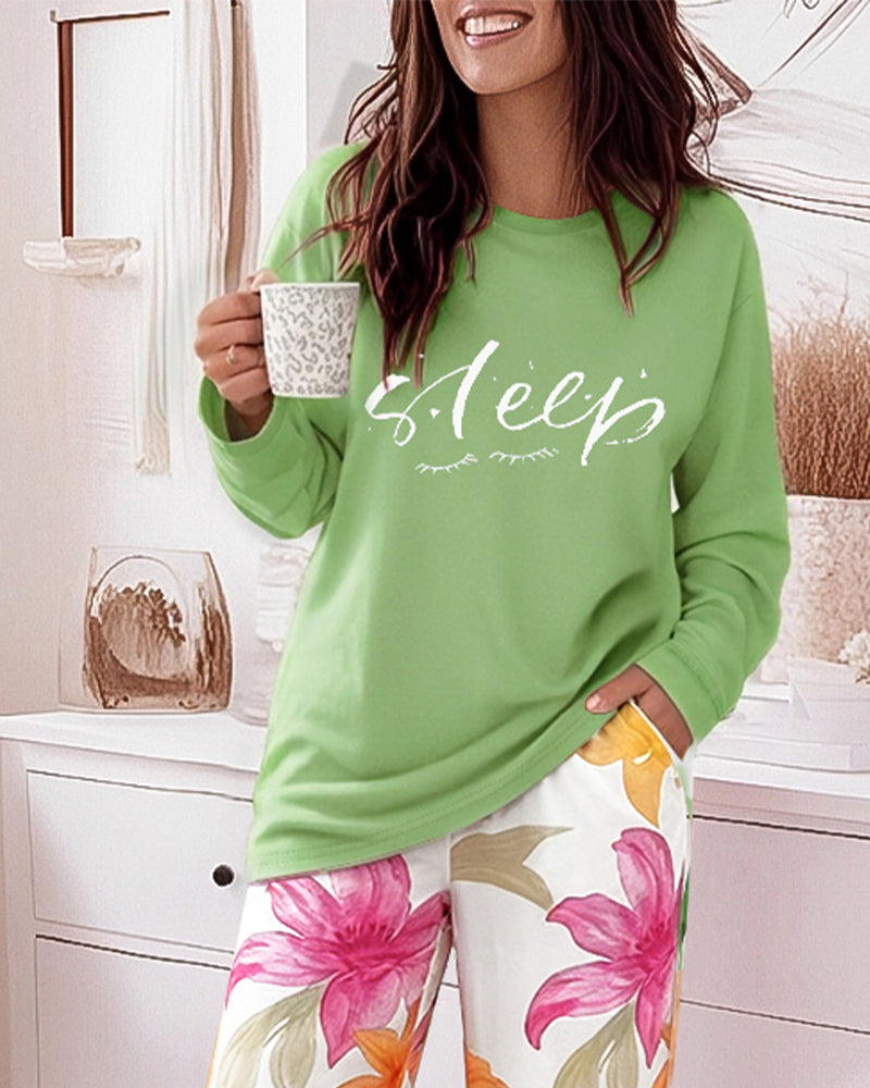 Women's 2 Piece Pajama Set Letter Long Sleeve Top and Floral Straight Leg Pants Casual Loungewear