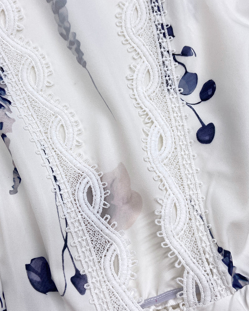 Floral Print Deep V-Neck Lantern Sleeve Casual Contrast Lace Tied Detail Blouse