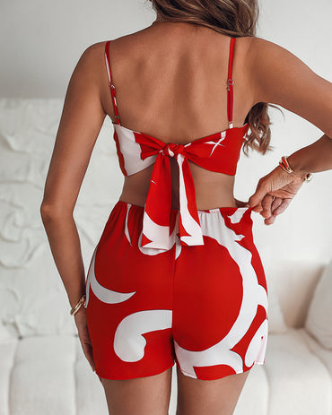 Floral Print Deep V-Neck Adjustable Spaghetti Straps Romper Casual Tied Back Cutout Slim Fit Skort Romper