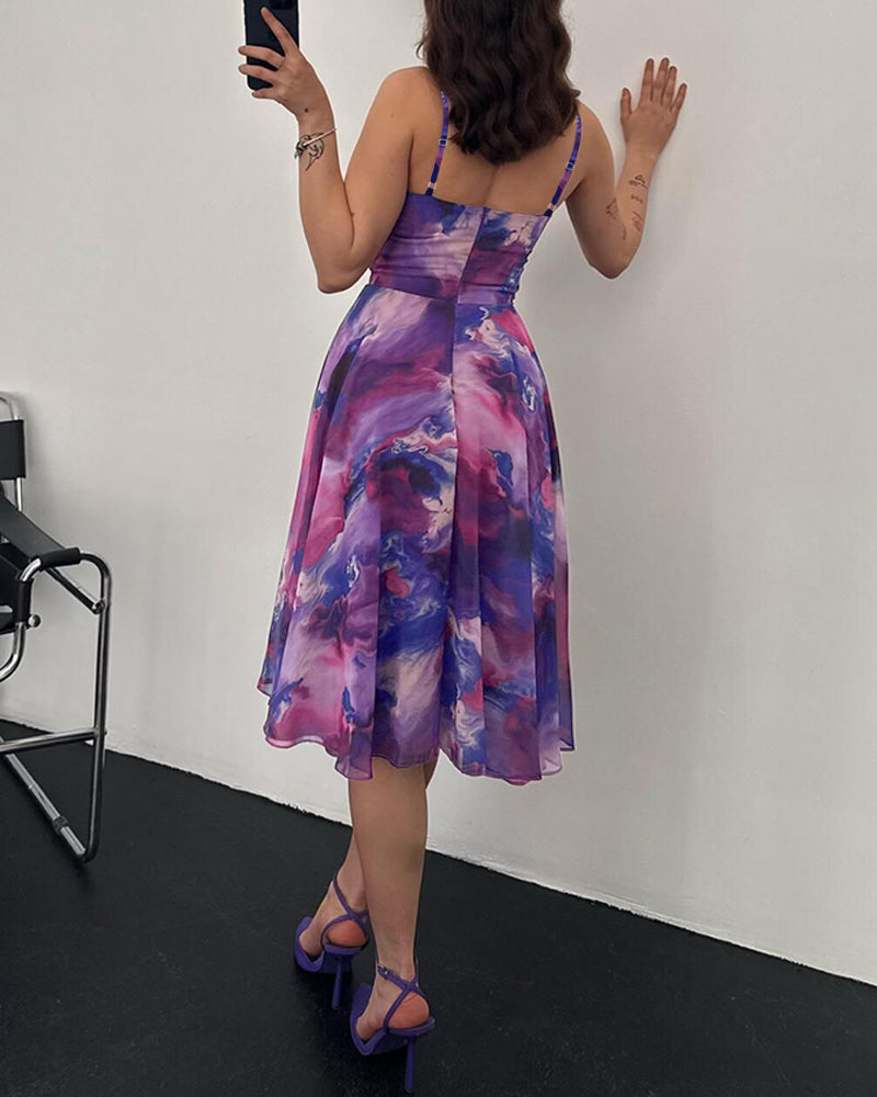 Ombre Print Spaghetti Strap Cowl Neck Dress Casual A Line Sheer Mesh Party Dress