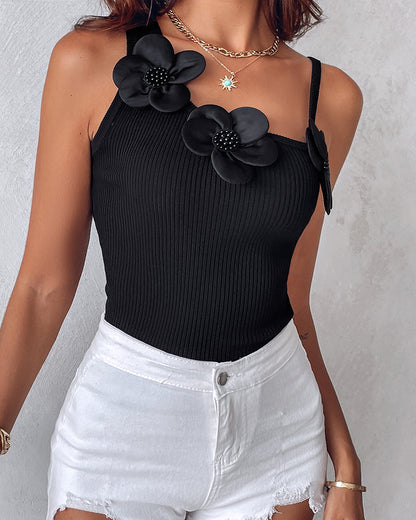 1PC Floral Pattern Beaded Decor Knit Tank Top Sleeveless Shirt