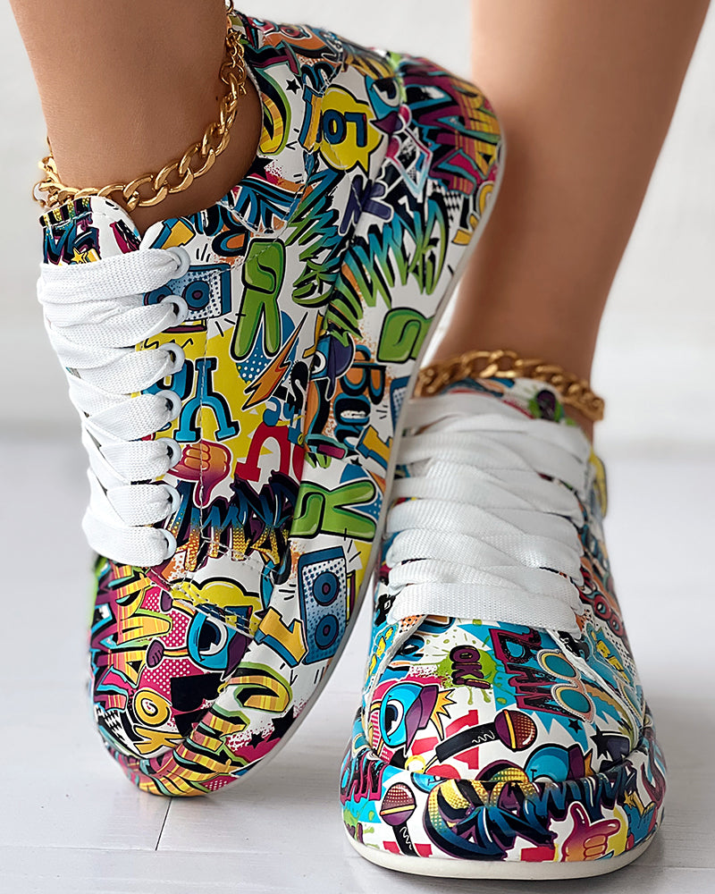 Cartoon Print Lace-up Casual Sneakers