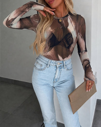 Women's Tie Dye Print Sheer Mesh Long Sleeve Top Crewneck Tee with Thumb Holes