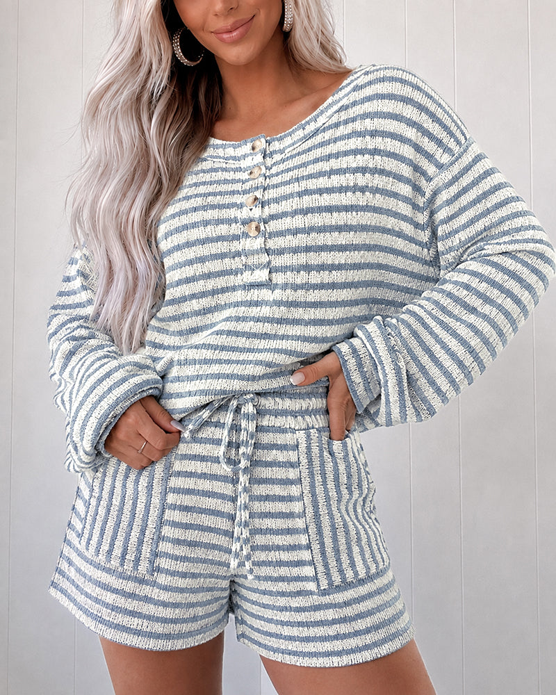 Women's Striped Two Piece Outfit Henley Lantern Sleeve Top and Drawstring Shorts Casual Lounge Set