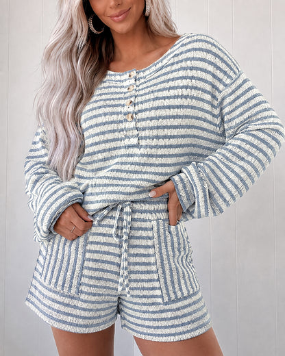 Women's Striped Two Piece Outfit Henley Lantern Sleeve Top and Drawstring Shorts Casual Lounge Set