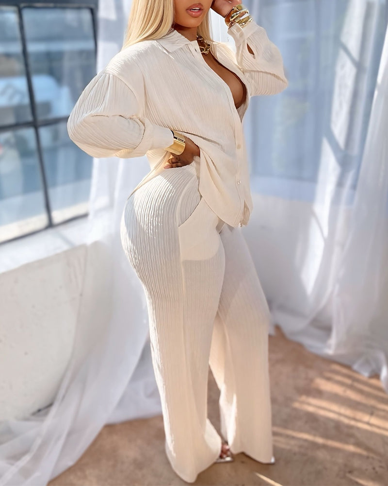 2 Pieces Outfit Turn-down Collar Button Front Pocket Design Asymmetrical Hem Top and Drawstring Elastic Waist Wide Leg Pants Set Casual Textured Set