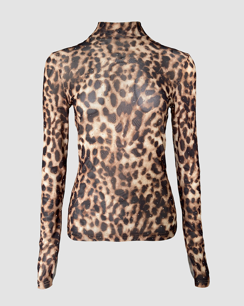 Rhinestone Decor Leopard Print Mock Neck Long Sleeve Tee Sexy Slim Fit Sheer Top