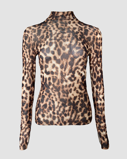 Rhinestone Decor Leopard Print Mock Neck Long Sleeve Tee Sexy Slim Fit Sheer Top