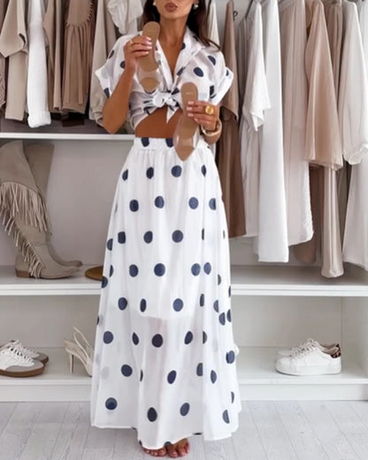 2 Pieces Outfit Turn-down Collar Short Sleeve Rolled Cuffs Button Front Shirt and Elastic Waist Skirt Set Casual Polka Dot Print Set with Lining