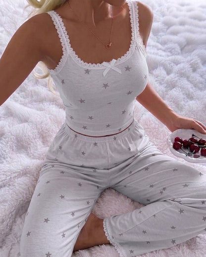 Women's Star Print 2 Piece Pajamas Set Lace Cami Top and Pants Casual Loungewear Bowknot Sleepwear