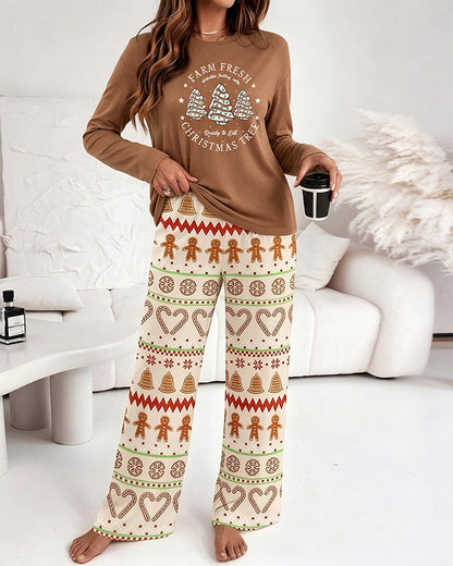 Women's Vintage Christmas Graphic Pajama Set Crew Neck Long Sleeve Top and Wide Leg Pants