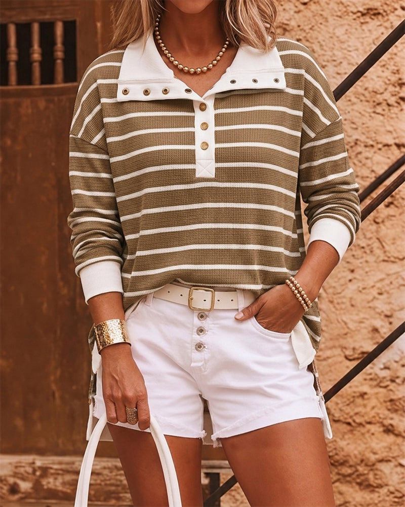 Women's Striped Waffle Knit Henley Collar Loose Long Sleeve Side Slit Top