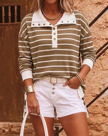 Women's Striped Waffle Knit Henley Collar Loose Long Sleeve Side Slit Top