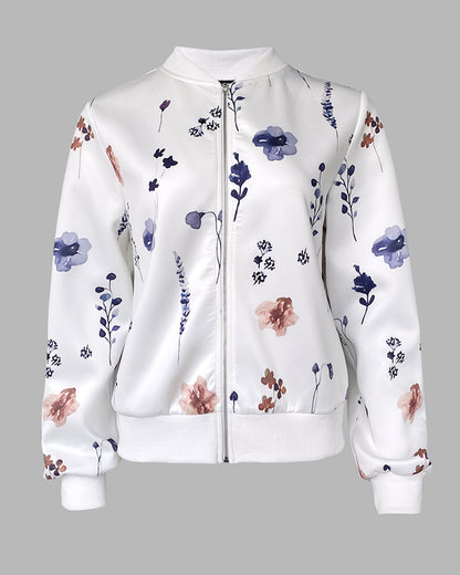 Plants Print Long Sleeve Casual Zipper Baseball Coat