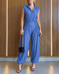 Women's Denim Look Two Piece Set Sleeveless Single Breasted Shirt and High Waisted Shirred Lantern Pants