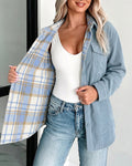 Women's Two-Way Reversible Corduroy Plaid Shacket Button Down Long Sleeve Shirt Jacket