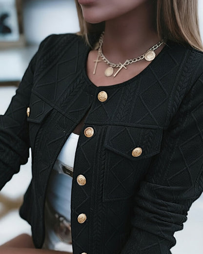 Women's French Style Cropped Jacket Round Neck Gold Button Coat Argyle Cable Jacquard Knit Outerwear