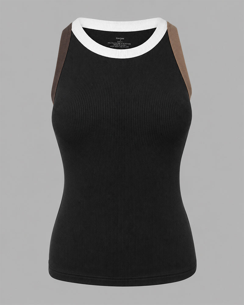 Women's Contrast Binding Tank Top Ribbed Knit Sleeveless Scoop Neck Slim Fit Camisole Top with Built-in Bra
