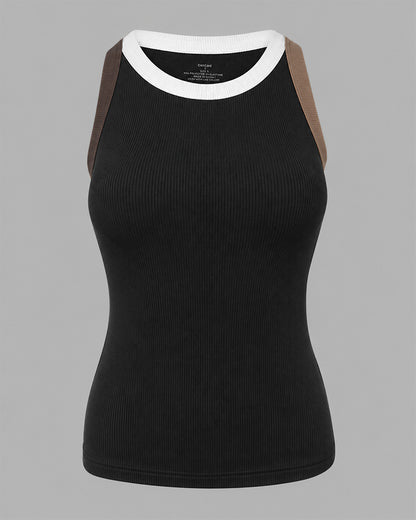 Women's Contrast Binding Tank Top Ribbed Knit Sleeveless Scoop Neck Slim Fit Camisole Top with Built-in Bra