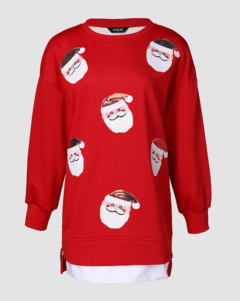 Christmas Santa Claus Pattern Sequin Patch Oversized Sweatshirt Zipper Side Slit Pullover Top