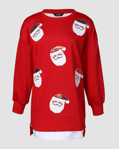 Christmas Santa Claus Pattern Sequin Patch Oversized Sweatshirt Zipper Side Slit Pullover Top