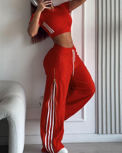 Contrast Side Striped & Zipper Slit Side Drawstring Elastic Waist Trousers Casual Wide Leg Pants