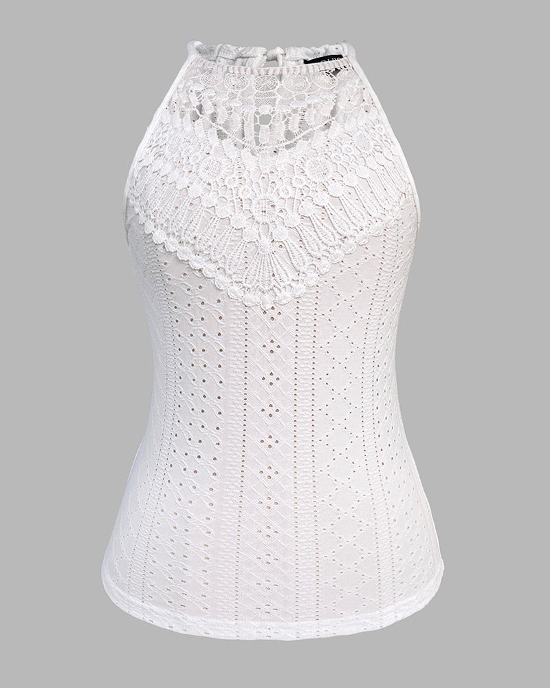 Halter Lace Up Water Soluble Lace Trim Sleeveless Tank Jacquard Casual Slim Fit Knit Top