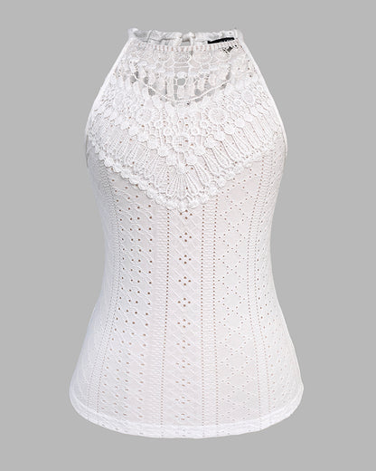 Halter Lace Up Water Soluble Lace Trim Sleeveless Tank Jacquard Casual Slim Fit Knit Top