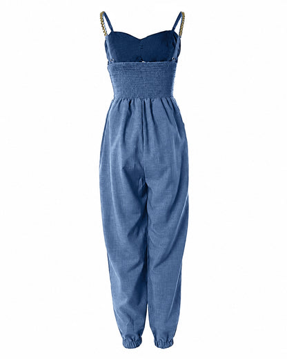 Women's Chain Decor Straps Jumpsuit Hollow Out Shirred Waist Overalls Casual Jogger Jumpsuit with Pockets
