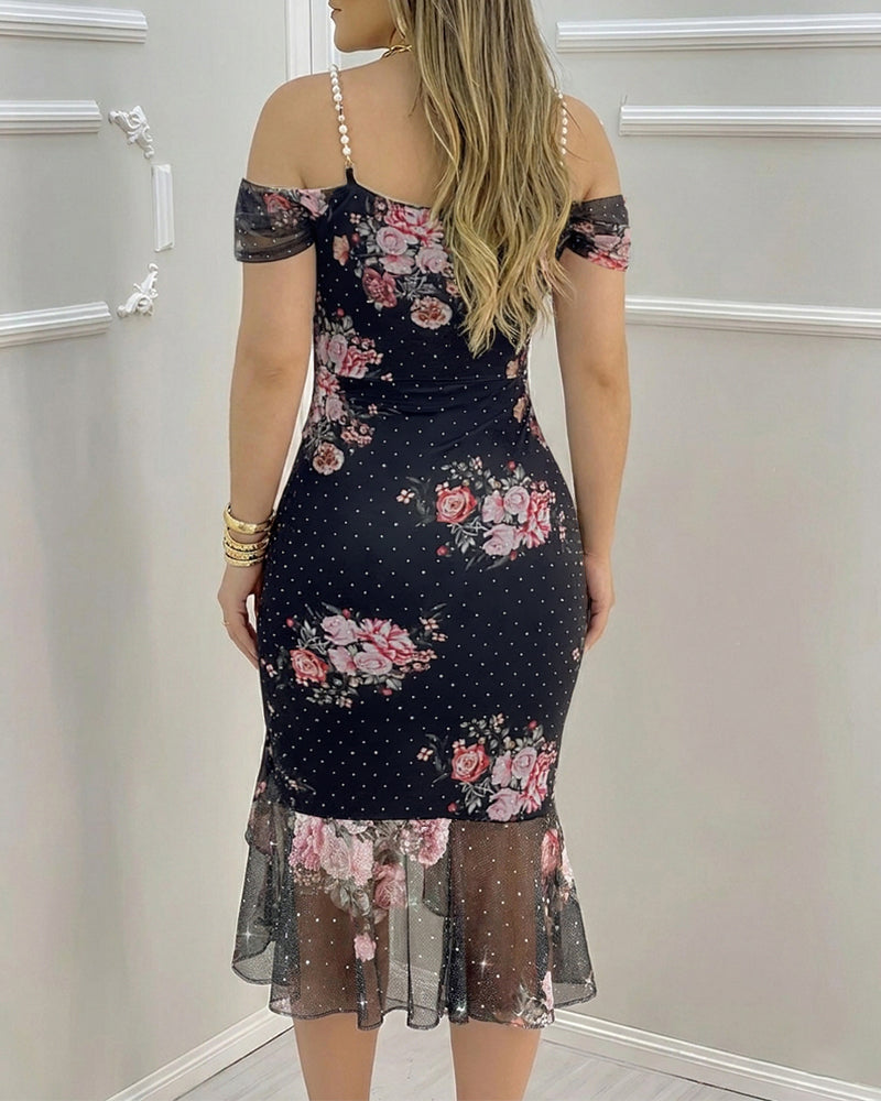 Women's French Floral Mesh Dress Sparkling Rhinestone Ruffle Hem Cami Dress Stretchy Pearl Strap Cowl Neck Bodycon Slit Dress